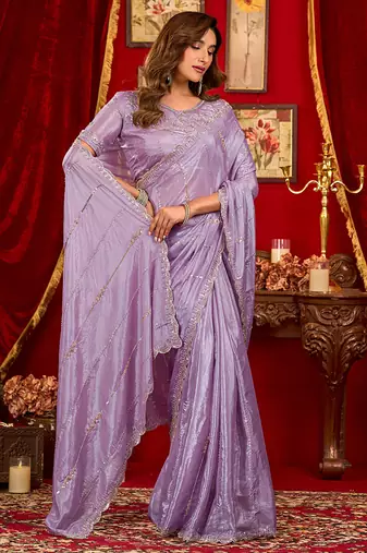 lavender silk blend heavy beads cut work designer party wear saree