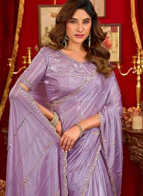 lavender silk blend heavy beads cut work designer party wear saree 4