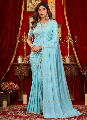 sky blue silk blend heavy beads cut work designer party wear saree 1
