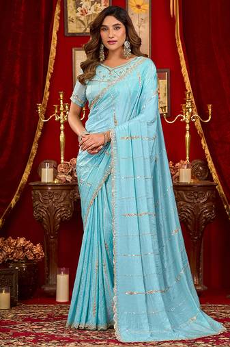 sky blue silk blend heavy beads cut work designer party wear saree