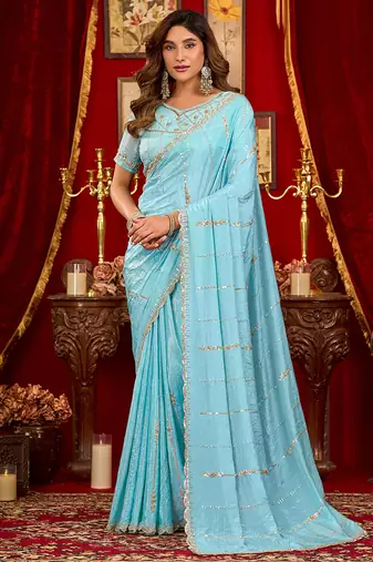 sky blue silk blend heavy beads cut work designer party wear saree