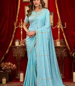 sky blue silk blend heavy beads cut work designer party wear saree