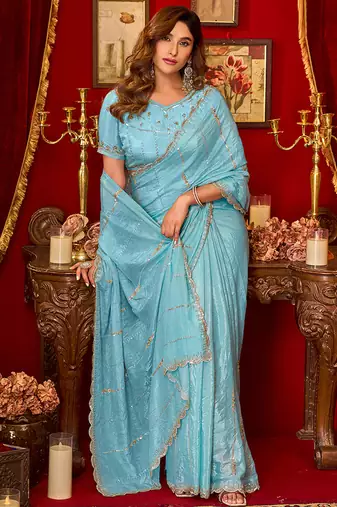 sky blue silk blend heavy beads cut work designer party wear saree