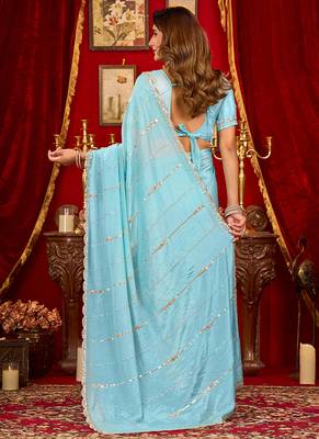 sky blue silk blend heavy beads cut work designer party wear saree 4