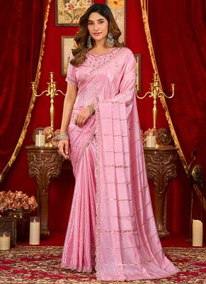 baby pink silk blend heavy beads cut work designer party wear saree 1