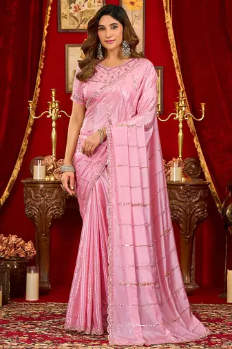 baby pink silk blend heavy beads cut work designer party wear saree