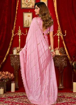 baby pink silk blend heavy beads cut work designer party wear saree 2