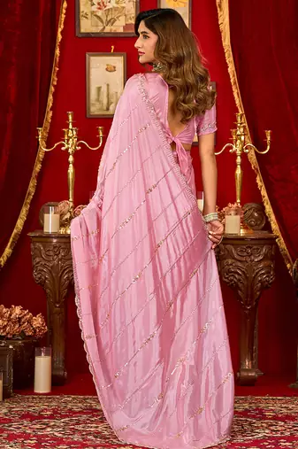 baby pink silk blend heavy beads cut work designer party wear saree