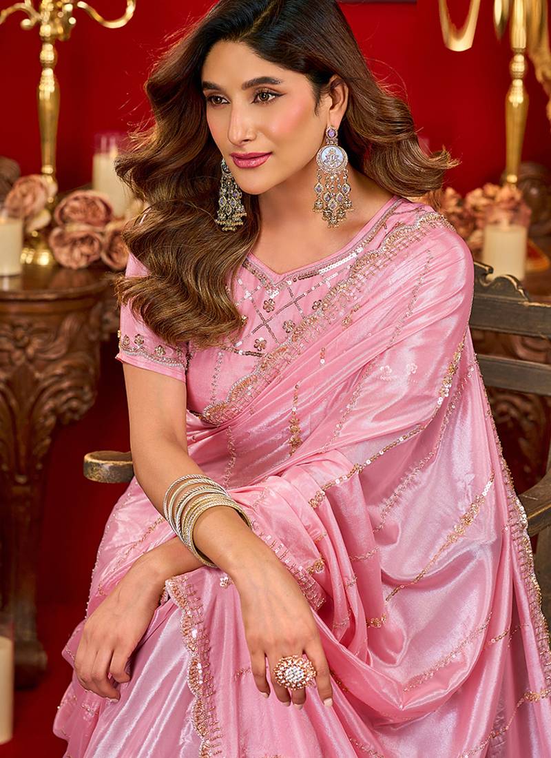 baby pink silk blend heavy beads cut work designer party wear saree