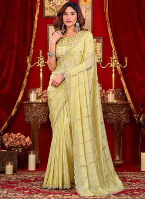 cream silk blend heavy beads cut work designer party wear saree 1