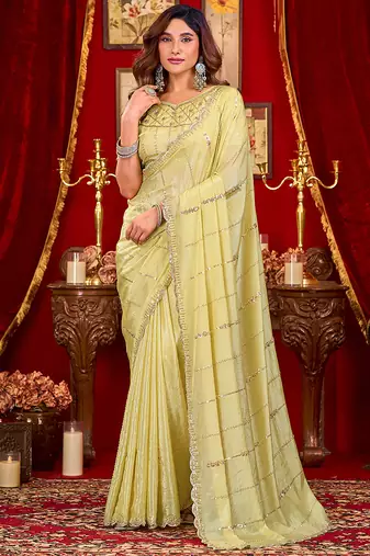 cream silk blend heavy beads cut work designer party wear saree