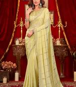 cream silk blend heavy beads cut work designer party wear saree