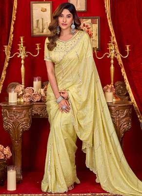 cream silk blend heavy beads cut work designer party wear saree 2