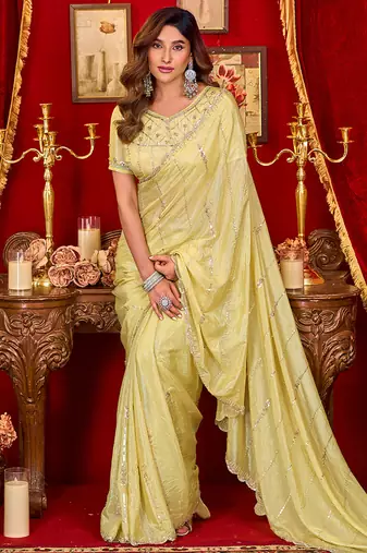 cream silk blend heavy beads cut work designer party wear saree