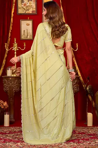 cream silk blend heavy beads cut work designer party wear saree
