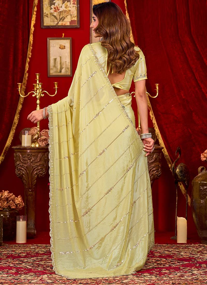 cream silk blend heavy beads cut work designer party wear saree