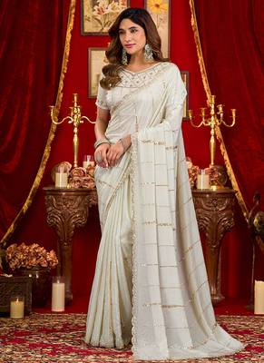 white silk blend heavy beads cut work designer party wear saree 1