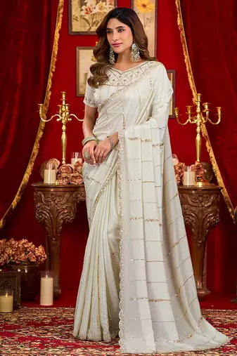 white silk blend heavy beads cut work designer party wear saree