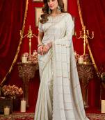 white silk blend heavy beads cut work designer party wear saree