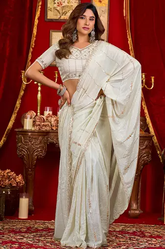 white silk blend heavy beads cut work designer party wear saree