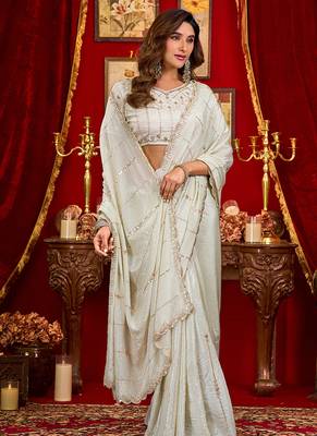 white silk blend heavy beads cut work designer party wear saree 3