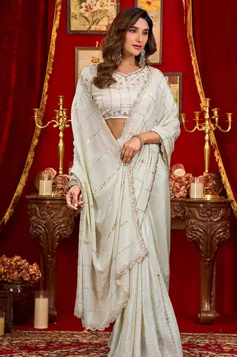 white silk blend heavy beads cut work designer party wear saree