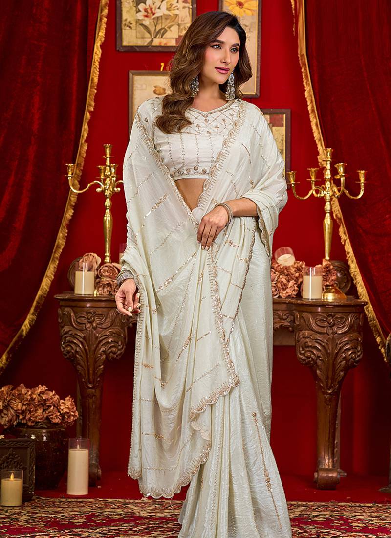 white silk blend heavy beads cut work designer party wear saree