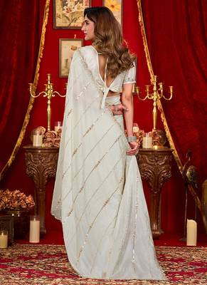white silk blend heavy beads cut work designer party wear saree 4