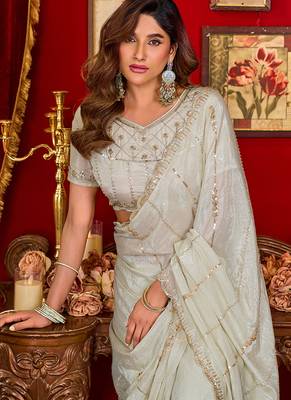 white silk blend heavy beads cut work designer party wear saree 5