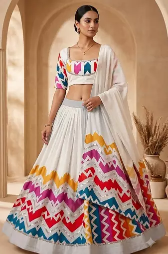 White Multicolour Navratri Lehenga Choli With Dupatta