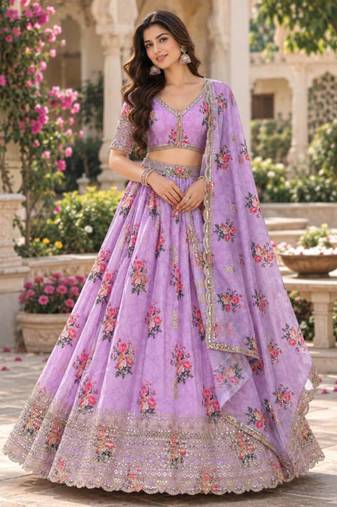 Women's Lavender Zari Sequin Embroidery Work Lehenga Choli
