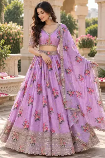 Women's Lavender Zari Sequin Embroidery Work Lehenga Choli