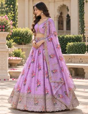 Women's Lavender Zari Sequin Embroidery Work Lehenga Choli 3