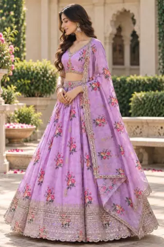 Women's Lavender Zari Sequin Embroidery Work Lehenga Choli