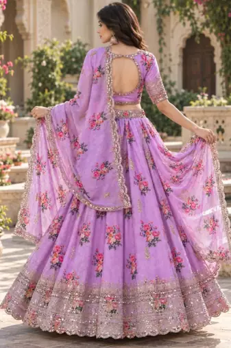 Women's Lavender Zari Sequin Embroidery Work Lehenga Choli