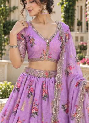 Women's Lavender Zari Sequin Embroidery Work Lehenga Choli 5