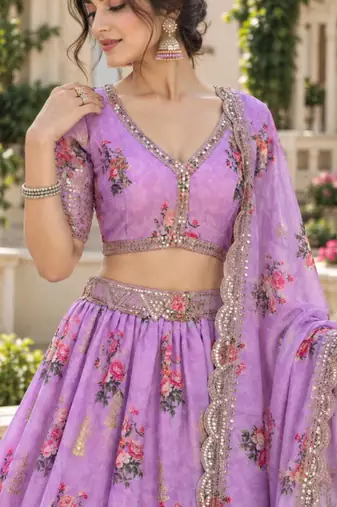 Women's Lavender Zari Sequin Embroidery Work Lehenga Choli