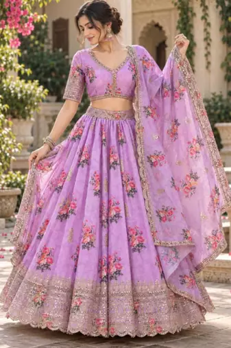 Women's Lavender Zari Sequin Embroidery Work Lehenga Choli