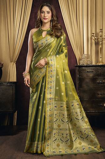 olive tissue with tassels traditional wear saree