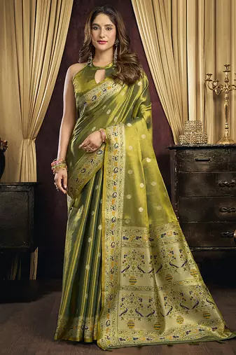 olive tissue with tassels traditional wear saree