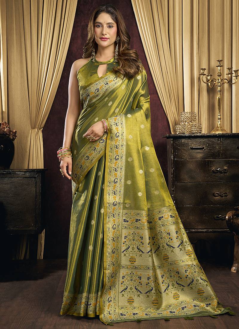 olive tissue with tassels traditional wear saree