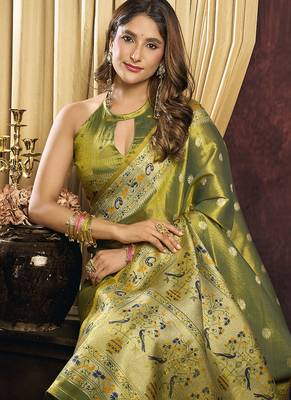 olive tissue with tassels traditional wear saree 4