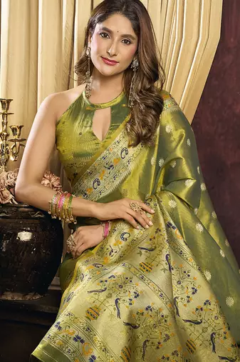 olive tissue with tassels traditional wear saree