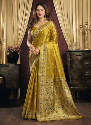 mustard tissue with tassels traditional wear saree 1