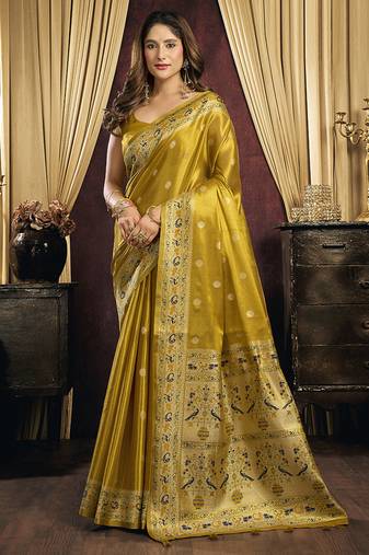mustard tissue with tassels traditional wear saree
