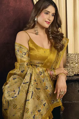 mustard tissue with tassels traditional wear saree
