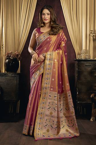 peach tissue with tassels traditional wear saree