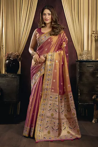 peach tissue with tassels traditional wear saree