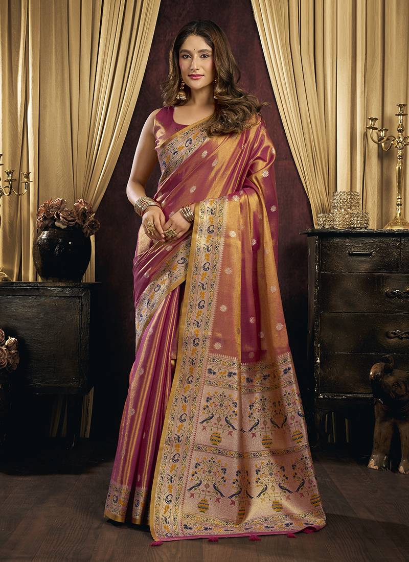 peach tissue with tassels traditional wear saree
