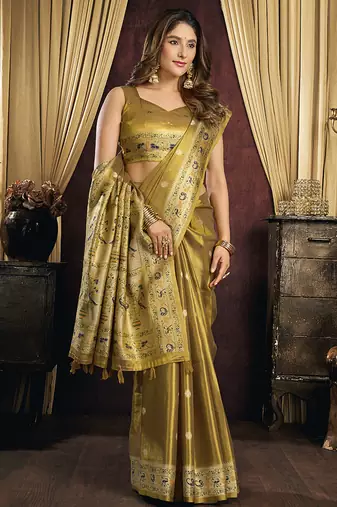gold tissue with tassels traditional wear saree